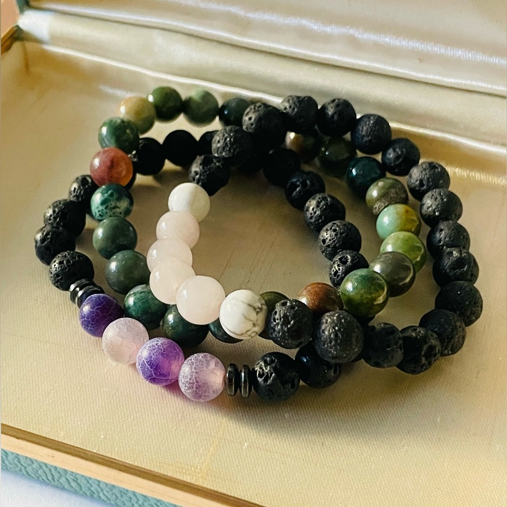 Beaded Multi-Stone Stretch Bracelet Set - lava stone rose Quartz India agate etc